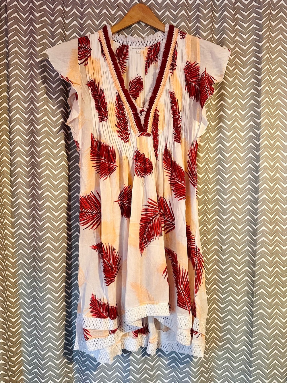 Poupette St. Barth Cream Mini Dress with Red Leaf Print